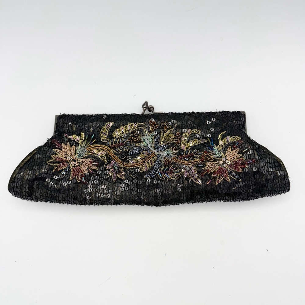 Vintage White House Black Market Sequin Embroidered Floral Kiss Lock Clutch Bag - Picture 1 of 6